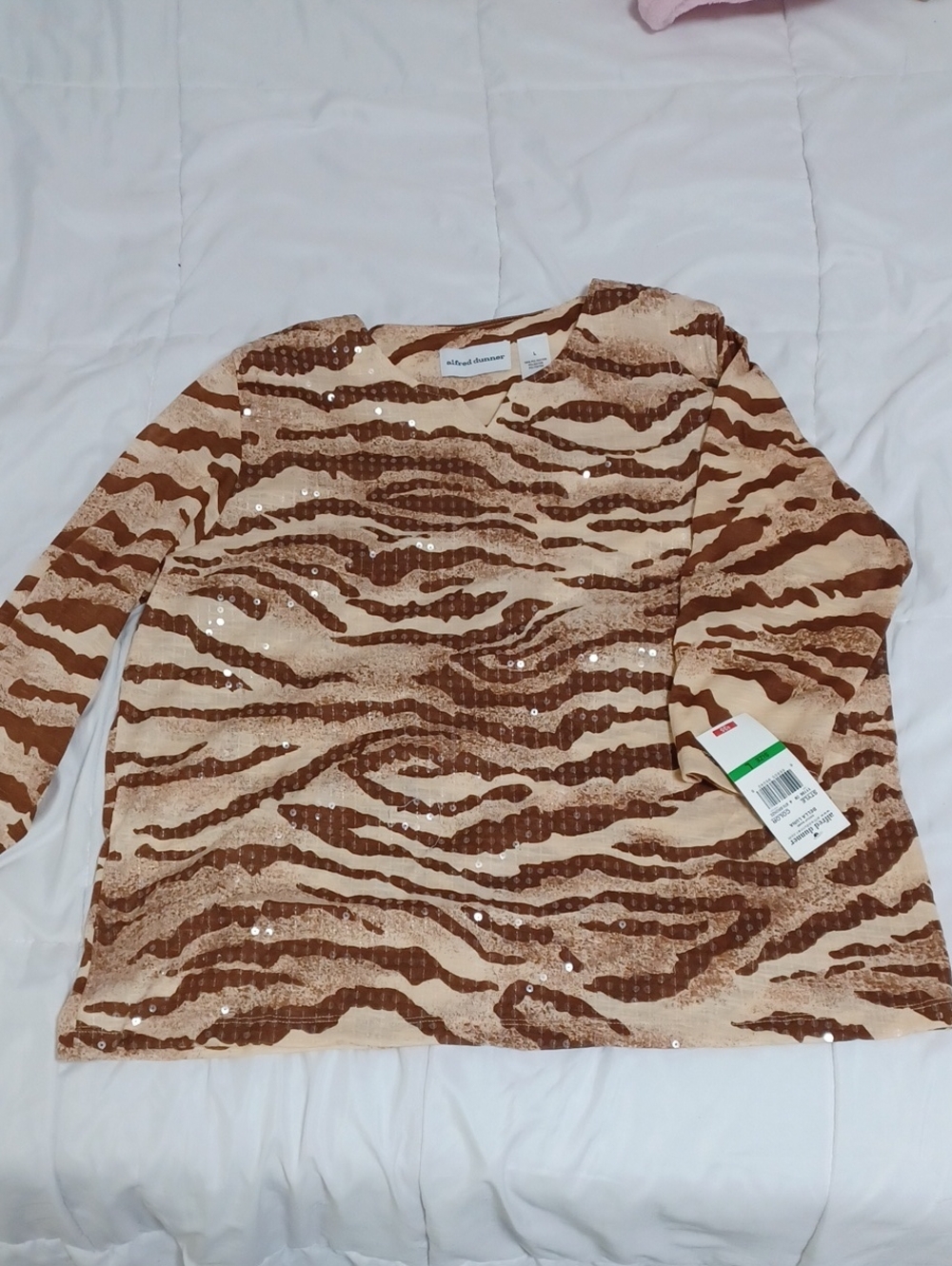 Womans Sequin Tiger-Print Long Sleeve Top - Beige/Brown
